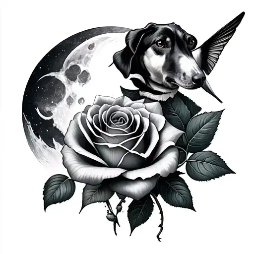Two roses + dog imprint + lunar cycle + hummingbird tattoo design idea