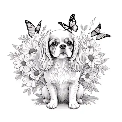 cavalier king charles spaniel sitting in flowers with butterfly tattoo design idea