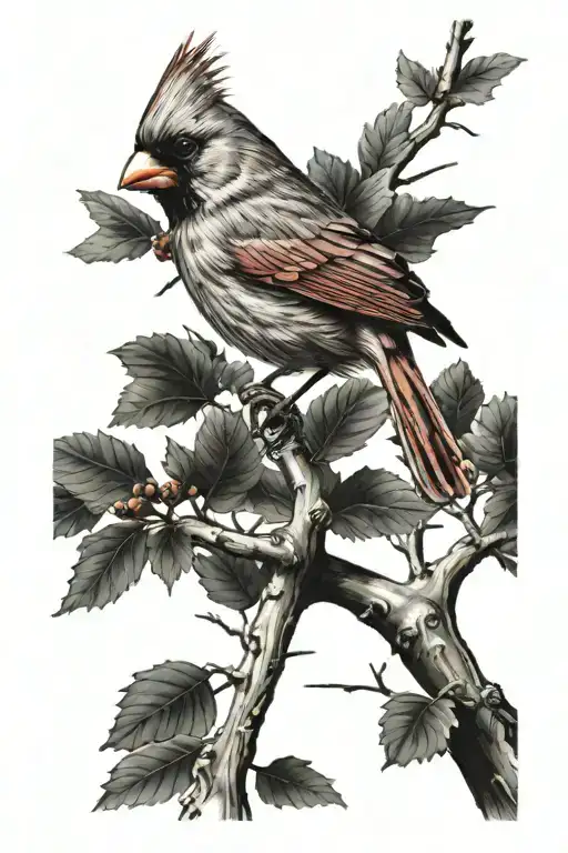 cardinal perched atop a tree branches tattoo design idea