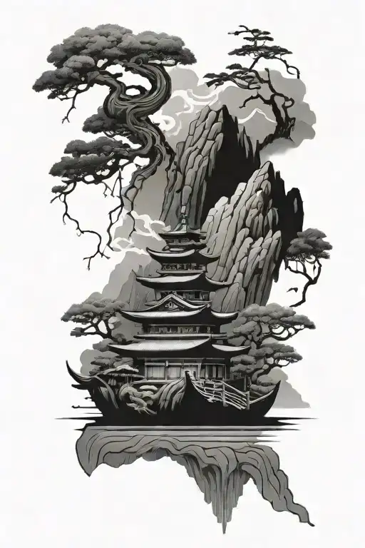 Japanese temple at the foot of a mountain and water's edge, person in a boat, geisha and snake tattoo design idea