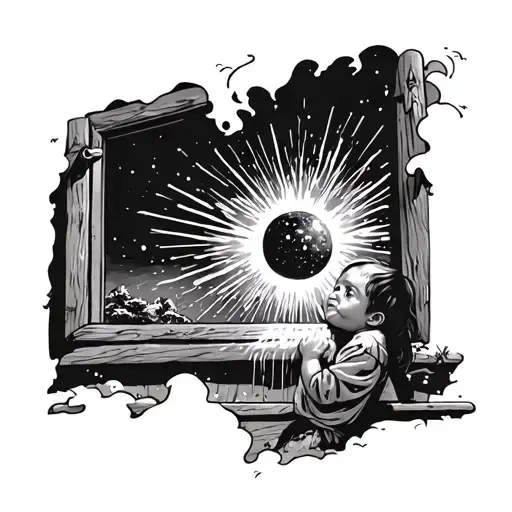 A child looking out the window being bathed by celestial rays tattoo design idea