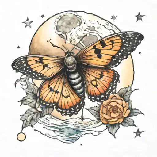 A moth flying under a full moon in a serene ocean setting tattoo design idea