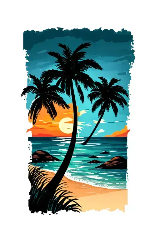 sunset beach scene with palm trees distressed at sides tattoo design idea