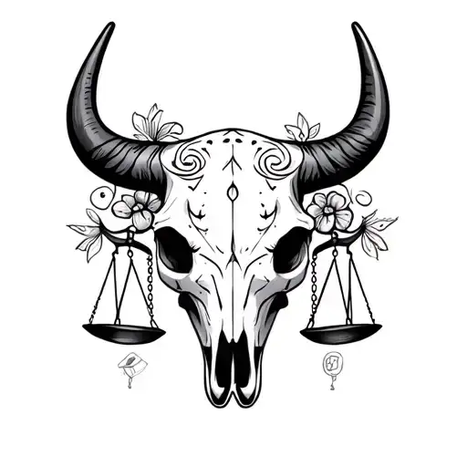 bull skull with sugar skull markings and Libra scales tattoo design idea