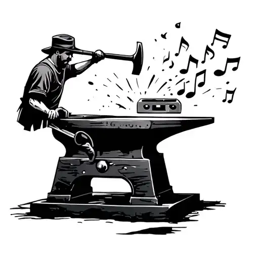 A minimal tattoo of a blacksmith figure working hard with a hammer to make a big old music cassette on his anvil tattoo design idea