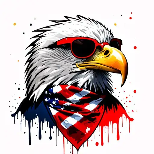 Bald Eagle wearing an American Flag bandana and red framed sunglasses with dark lenses. tattoo design idea
