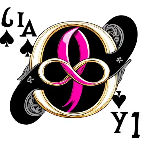 A pink infinity symbol inside a black ace of spades with the gold letter Q inside tattoo design idea