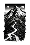 A detailed mountain landscape with a winding hiking trail leading up to a summit, incorporating elements of blackwork style tattoo design idea