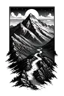 A detailed mountain landscape with a winding hiking trail leading up to a summit, incorporating elements of blackwork style tattoo design idea