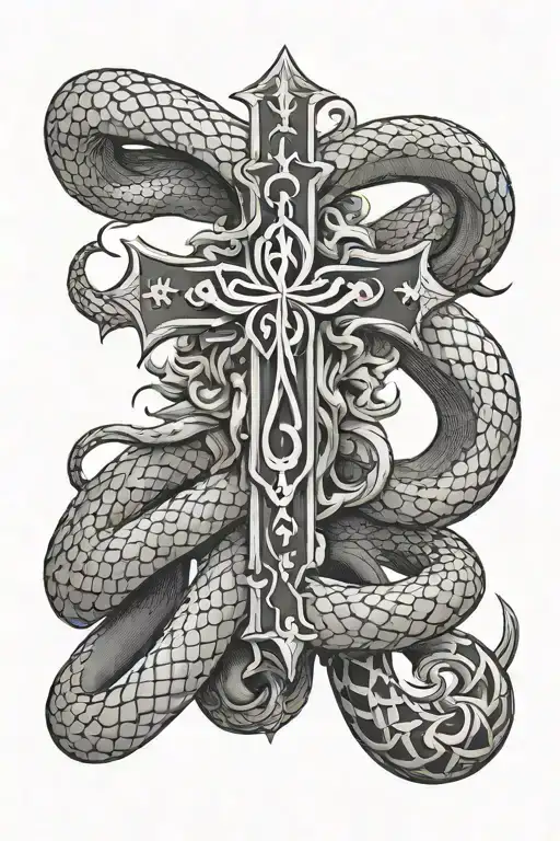 black and white snake cross antichrist cross tattoo design idea