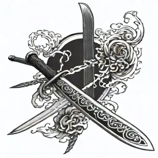 katana sword with chinese text 'subhangi' tattoo design idea