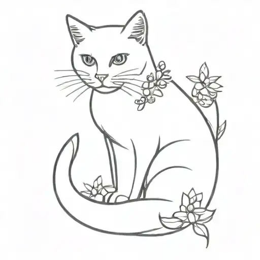 Cat sketch next to forget-me-not flower tattoo design idea
