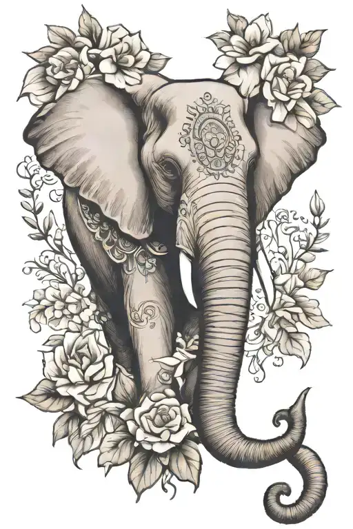 elephant with january, april, may, july, august and december birth flowers tattoo design idea