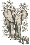elephant with january, april, may, july, august and december birth flowers tattoo design idea