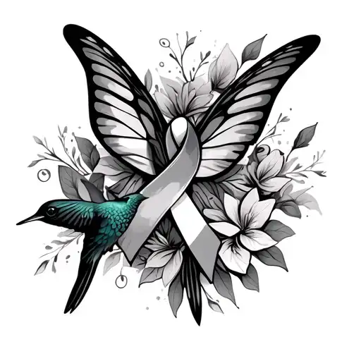 cancer ribbon cross hummingbird butterfly  tattoo design idea