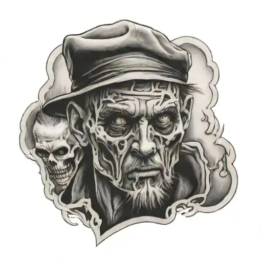 Dead man walking with blurred faces peeking tattoo design idea