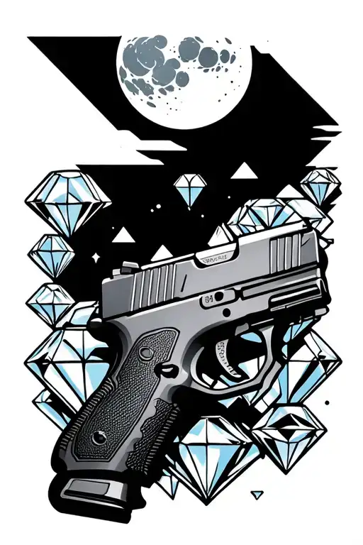 diamonds and glock with moon above  tattoo design idea