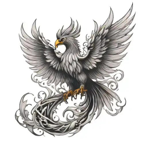 Tattoo of a phoenix in three-quarter perspective with large wings, flames, in a proud and courageous pose tattoo design idea
