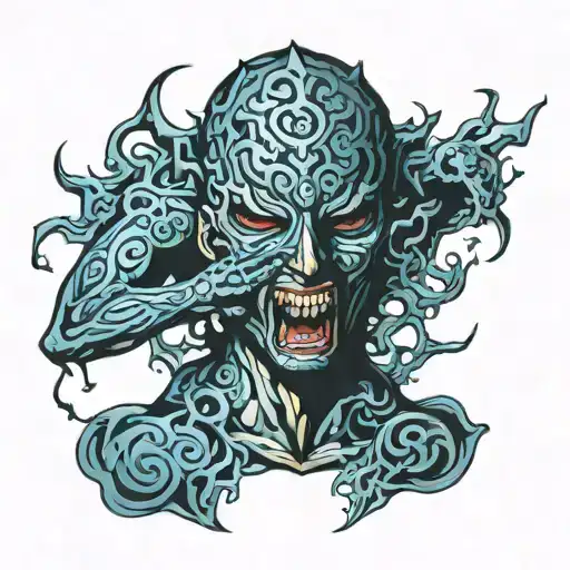 man wearing mask fighting off inner demons tattoo design idea