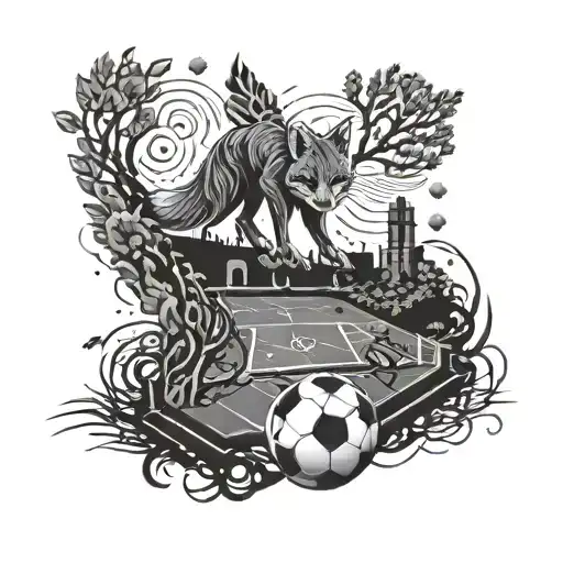An intricate black and grey soccer field with hidden fox silhouettes tattoo design idea