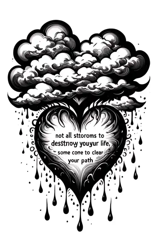 cloud raining on a heart, the quote "not all storms come to destroy your life, some come to clear your path" tattoo design idea