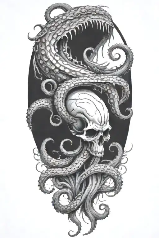 A black and grey tattoo of a malevolent kraken overtaking a skull with its massive tentacles in a hauntingly beautiful way tattoo design idea