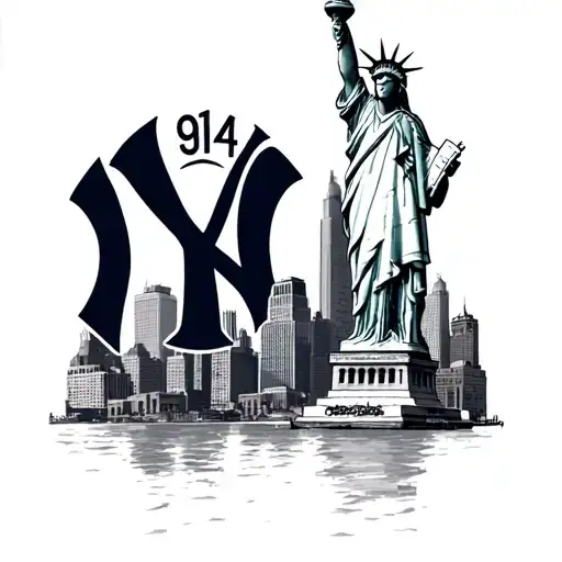 New York City skyline with Statue of Liberty, Yankees logo and the numbers 914 tattoo design idea