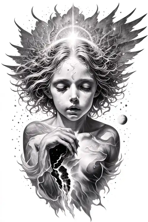 A celestial being with a broken spirit floating in space tattoo design idea