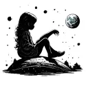 Silhouette of a little girl sitting alone waiting for someone on a planet, similar to the image of the little prince tattoo design idea