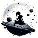 Silhouette of a little girl sitting alone waiting for someone on a planet, similar to the image of the little prince tattoo design idea