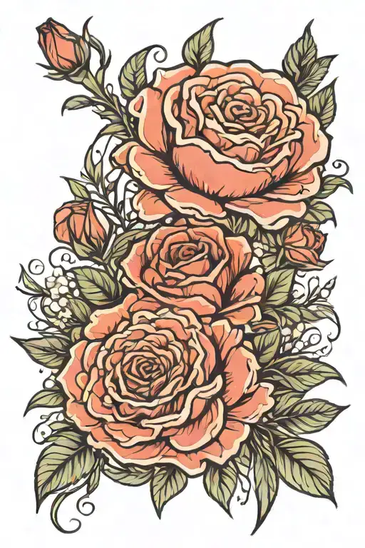large rose with carnation, daisy and marigold in front tattoo design idea