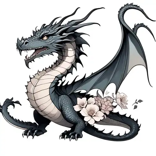 A not realistic dragon, with flowers, fine line tattoo design idea