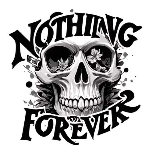 skull with the words in quotes, "nothing lasts forever" tattoo design idea