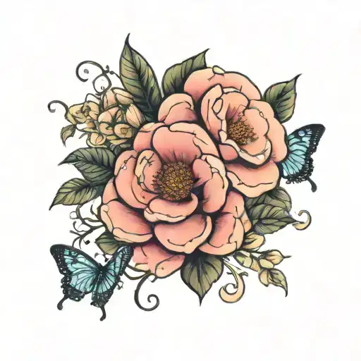 camellia flower with butterflies surrounding tattoo design idea