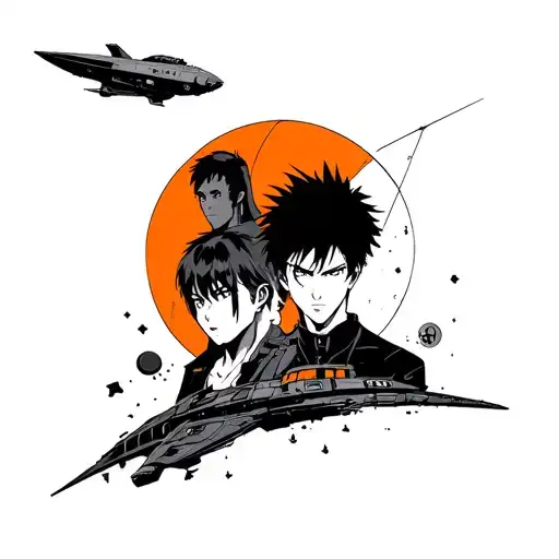 cowboy bebop tattoo with the portrait of spike, Faye and Edward in front of the spaceship, in orange and black tattoo design idea