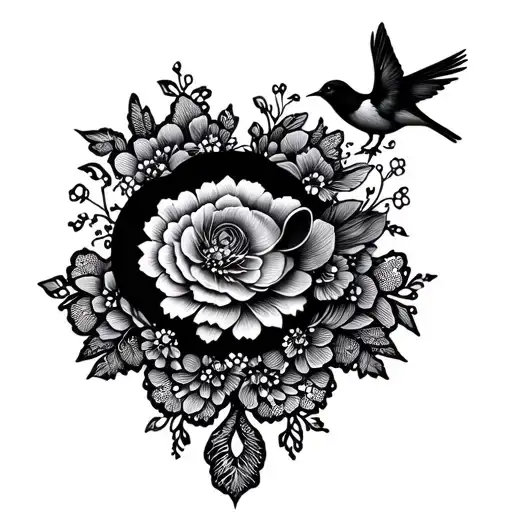 floral lace with mice and birds tattoo design idea