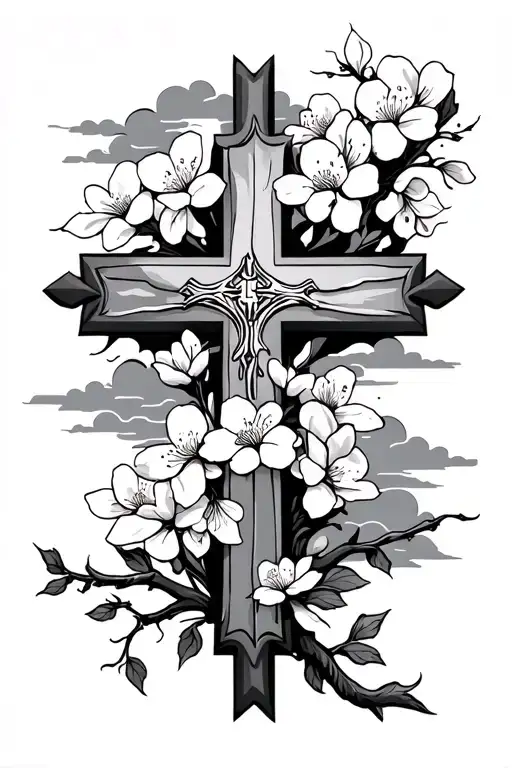 cross with cherry blossoms and clouds  tattoo design idea
