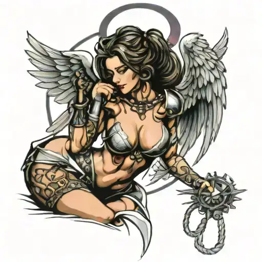 sexy female warrior angel praying tattoo design idea