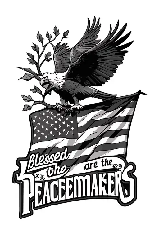 "blessed are the peacemakers" American flag and an eagle holding branch tattoo design idea