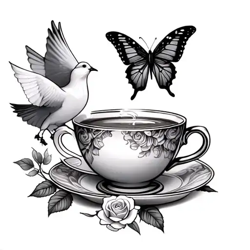 a cup of tea, a butterfly, a dove and a rose  tattoo design idea