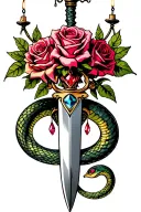 snake, dagger, roses, chandelier type 'gems' hanging background tattoo design idea