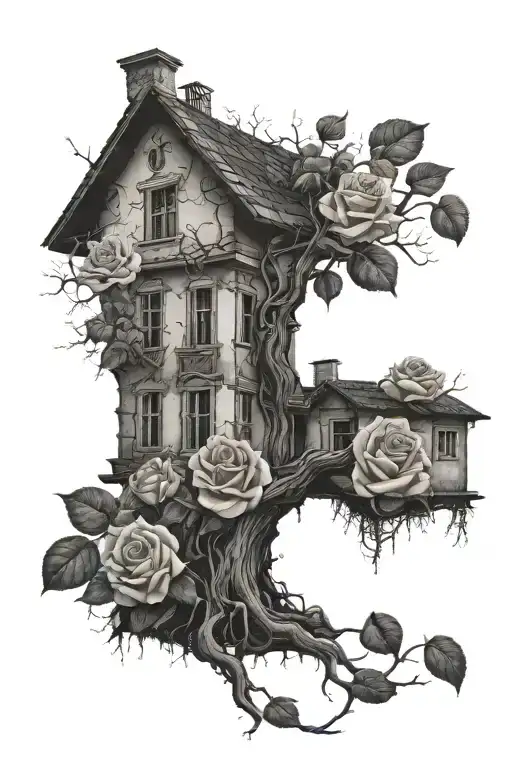 Abandoned Stalin-era house, roses, tree roots, улетающая птица tattoo design idea