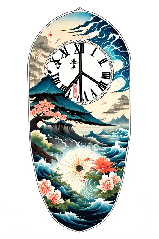 peace and lightining storm and time and nature japanese tattoo design idea