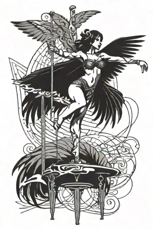 ada with wings holding on to a table dance pole as if she were a dancer in an elegant manner tattoo design idea