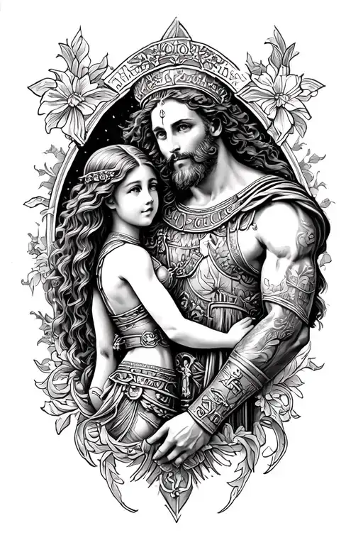 arm sleeve tattoo representing full time dad to daughter, saint florian, good times, bad times, love and hate tattoo design idea