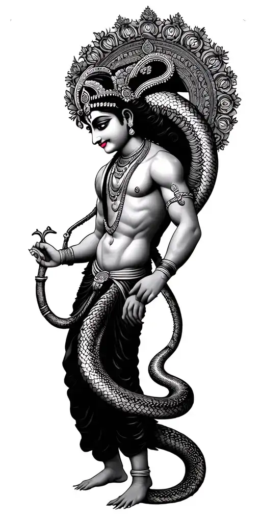 lord Krishna stand up in dancing position with on gaint kaliya snake's head tattoo design idea