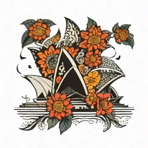 side view of black and white sydney opera house with colored aboriginal flowers tattoo design idea