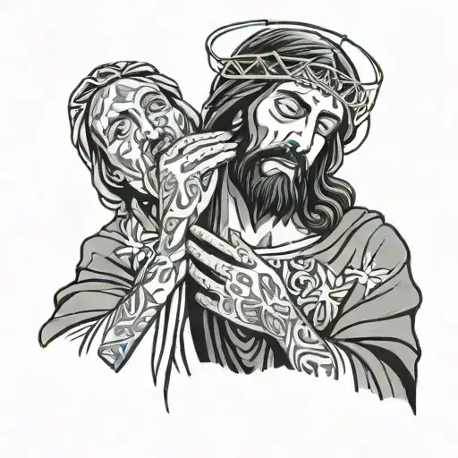 a person in front of jesus christ removing a veil from their face tattoo design idea