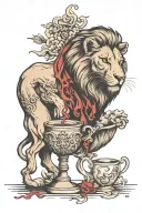 a lion eating death and a lamb bleeding into a chalice that is pouring out onto sin tattoo design idea