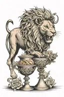 a lion eating death and a lamb bleeding into a chalice that is pouring out onto sin tattoo design idea
